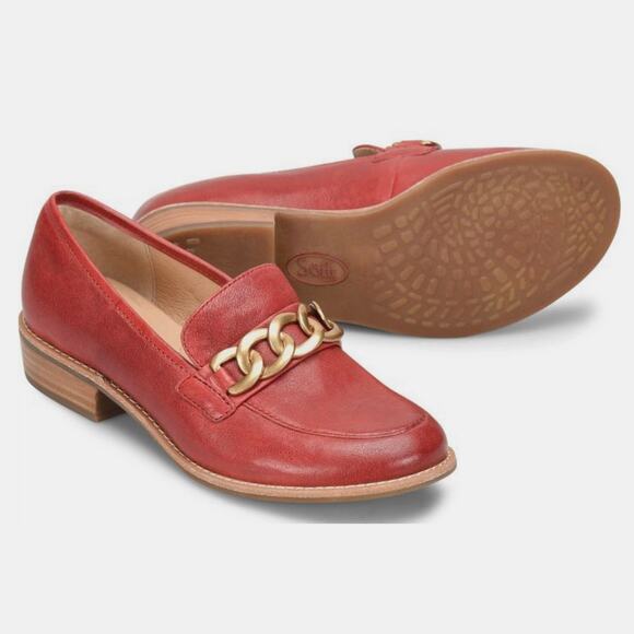 Sofft Nevarra Red Italian Leather Loafers Women’s Size 9 Chain Detail - Picture 1 of 11